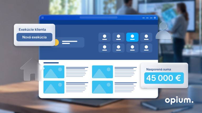The digital interface of the control panel displays client information, monetary amounts, and icons with Slovak text. The office background is blurred; the Opium company logo is in the bottom right corner.