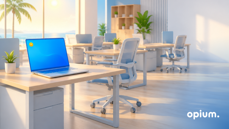 Modern, sunlit office with wooden desks, ergonomic chairs, plants, and a laptop. Large windows offer a view of a tropical landscape. In the bottom right corner, the word „opium“ is written.