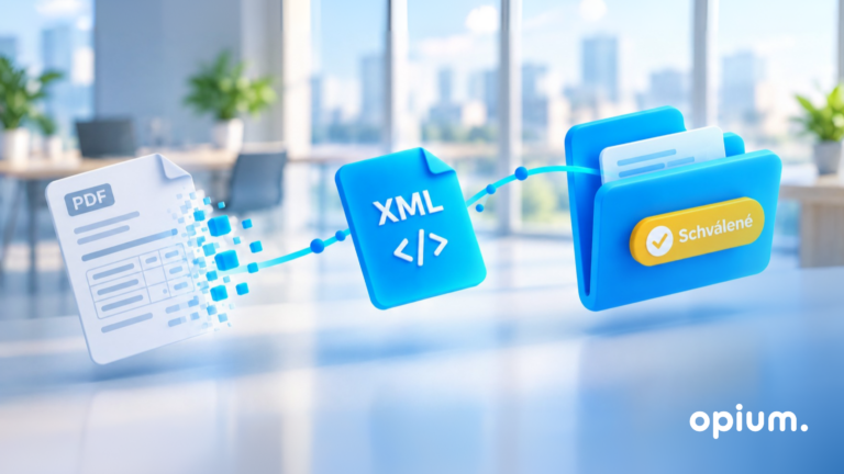 Digital illustration depicting how the PDF file is converted into an XML file and stored in a blue folder titled „Approved for Innovative Circus“, with the Opium logo in the corner.