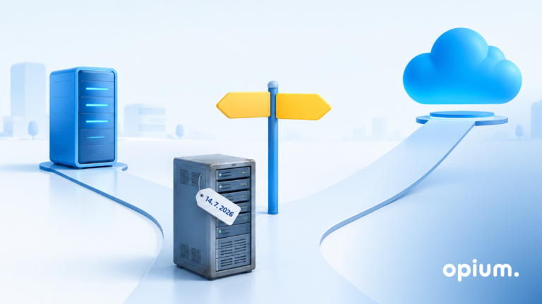 An der Kreuzung zwischen dem blauen Serverrack und der E-Faktura-Symbolik in Microsoft 365 steht ein Serverrack mit einem Schild mit dem Datum 14.7.2026, wobei mitten im Raum ein leeres, gelbes Wegweiser steht.